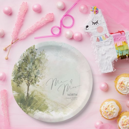 Waterverf Landschap Mr & Mrs Sage Green ID786 Papieren Bordje (Feest)