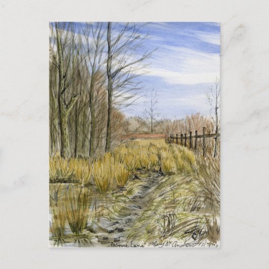 waterverf landschap "Pasture Lane in Early March" Briefkaart (Voorkant)