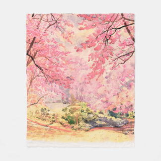 Waterverf, landschap, roze rode bloem, van W Fleece Deken