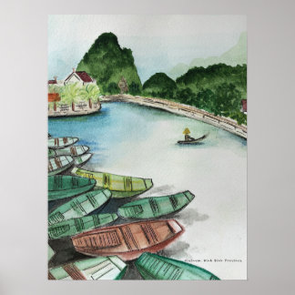 Waterverf landschap, Vietnam, Tam Coc Poster Flye