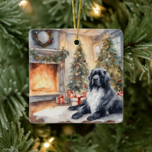 Waterverf Landseer Newf - Kerstscene Keramisch Ornament (Boom)