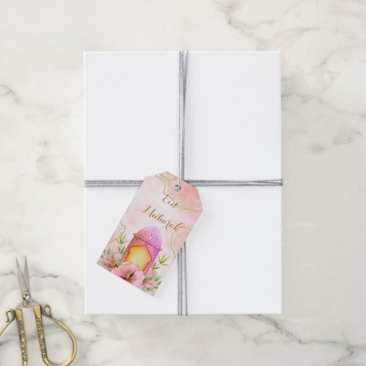 Waterverf Lantern Gold Pink Eid Mubarak Eid Cadeaulabel (Met Touw)