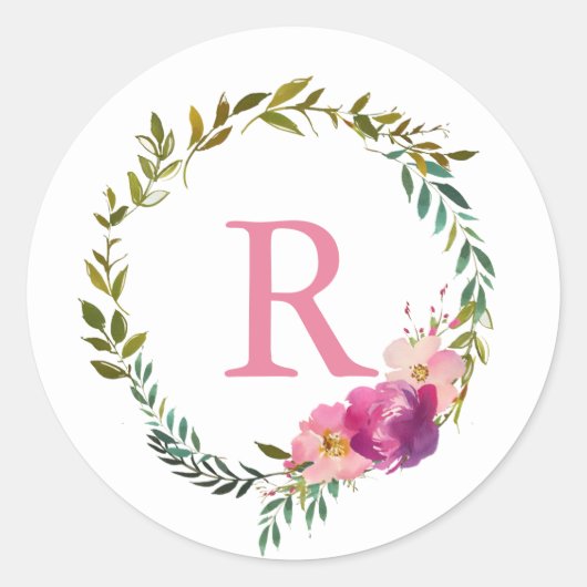 Waterverf Laurel en Flower Pink Monogram krans Ronde Sticker (Voorkant)