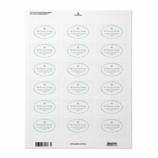 Waterverf Laurel Wreath Monogram Adresetiketten Etiket (Full Sheet)