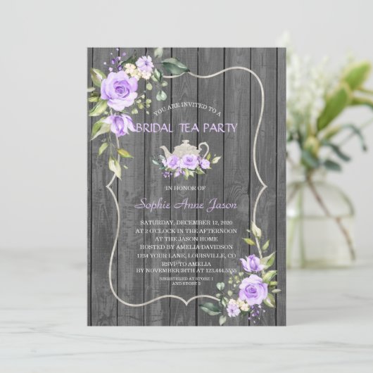 Waterverf Lavendel Bloemen Houten Bruilofts Theepa Kaart (Staand voorkant)