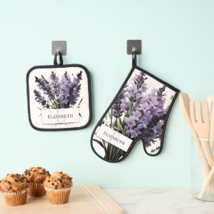Waterverf lavendel boeket gepersonaliseerd ovenwant & pannenlap set