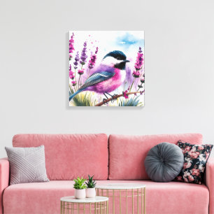 Waterverf Lavendel en Chickadee Canvas Afdruk