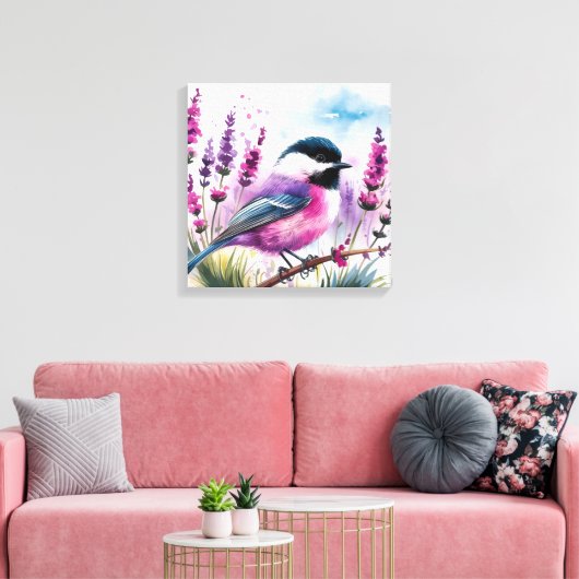 Waterverf Lavendel en Chickadee Canvas Afdruk (Insitu (Woonkamer))