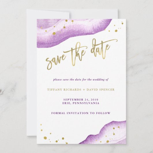 Waterverf lavendel en gouden geode Bewaar de datum Save The Date (Voorkant)