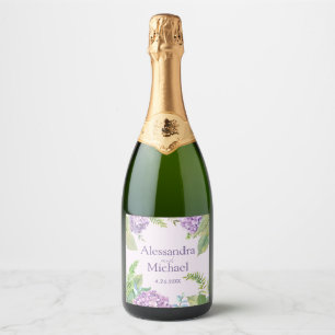 Waterverf Lavendel Hydrangea Bloemen Bruiloft Sparkling Wijnetiket