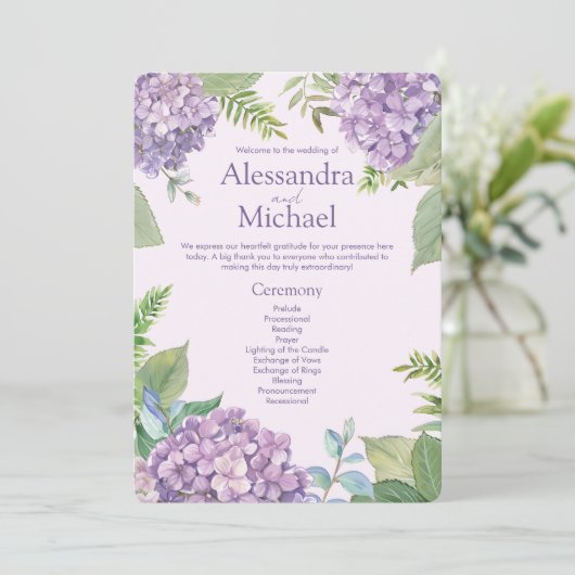 Waterverf Lavendel Hydrangea Flowers Varen Bruilof Programma (Staand voorkant)