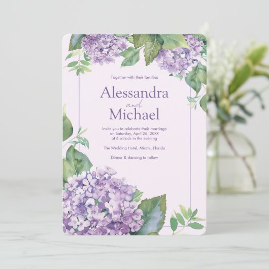 Waterverf Lavendel Hydrangea Varen Bladeren Bruilo Kaart (Staand voorkant)