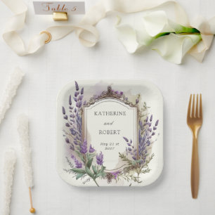 Waterverf Lavendel Regal Monogram Bruiloft Papieren Bordje