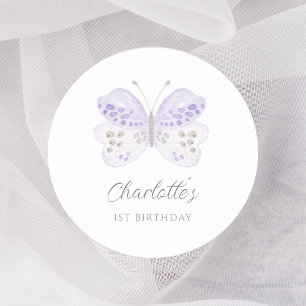 Waterverf Lavendel Vlinder 1e Verjaardagsfeestje Ronde Sticker