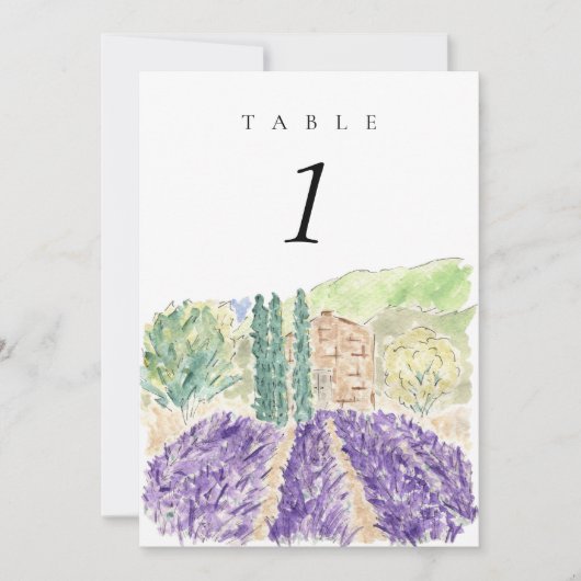 Waterverf Lavender Fields 5x7" bruiloft tabel nr. (Voorkant)