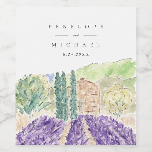 Waterverf Lavender Fields Weddenschap Wine Label Wijn Etiket (Enkel label)