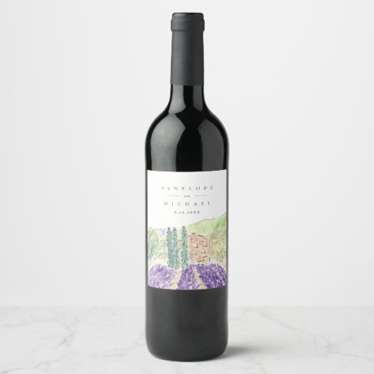 Waterverf Lavender Fields Weddenschap Wine Label Wijn Etiket (Voorkant)