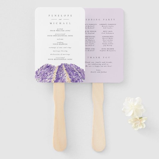 Waterverf Lavender Fields Wedding Program Handwaaier (Voorkant en achterkant)