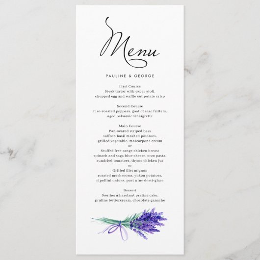 Waterverf Lavender Floral Bouquet Spring Wedding Menu (Voorkant)