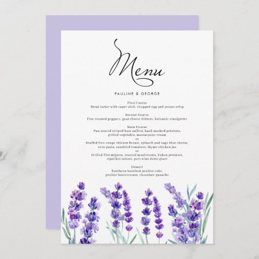 Waterverf lavender Flowers Spring Wedding Menu (Voorkant / Achterkant)
