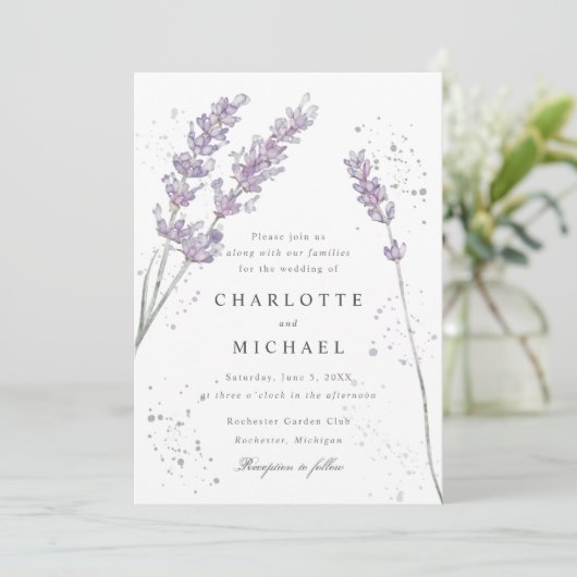 Waterverf lavender spatter elegant bruiloft kaart (Staand voorkant)