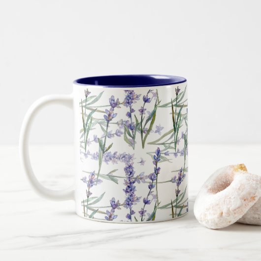 Waterverf lavenderventiel Plant Art Blue Lila Tweekleurige Koffiemok (Met donut)