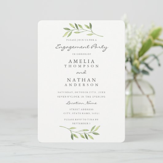Waterverf Leaf Engagement Party Uitnodiging (Staand voorkant)