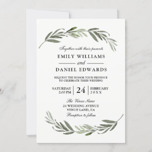 Waterverf Leaf Wreath Elegant Wedding Invite Kaart