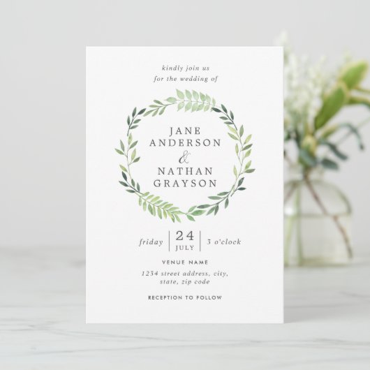 Waterverf Leaf Wreath Wedding Invitation Kaart (Staand voorkant)