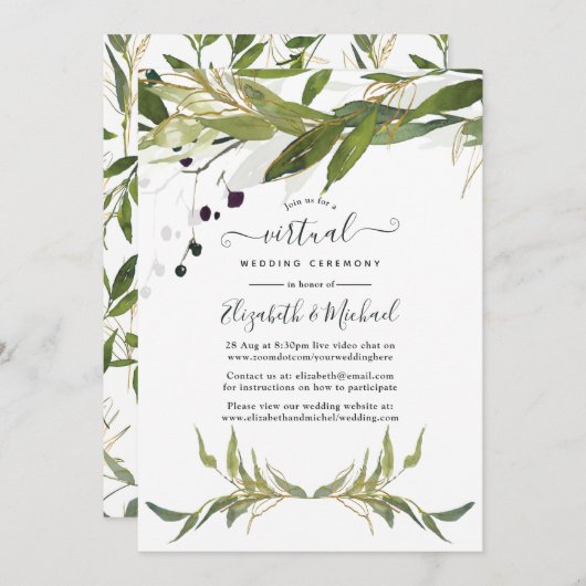 Waterverf Leafy Greenery Online Virtual Wedding Kaart (Voorkant / Achterkant)
