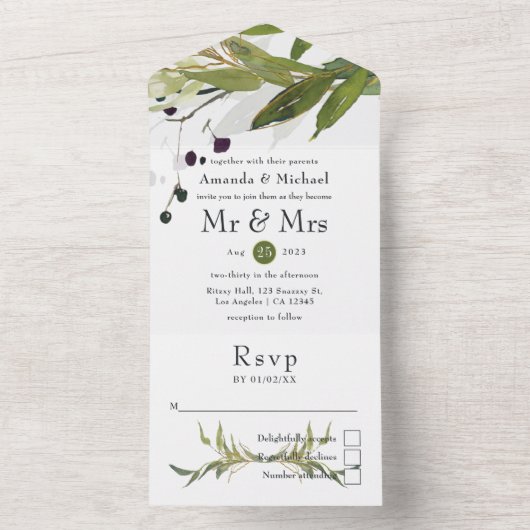 Waterverf Leafy Greenery Wedding All In One Uitnodiging (Binnen)
