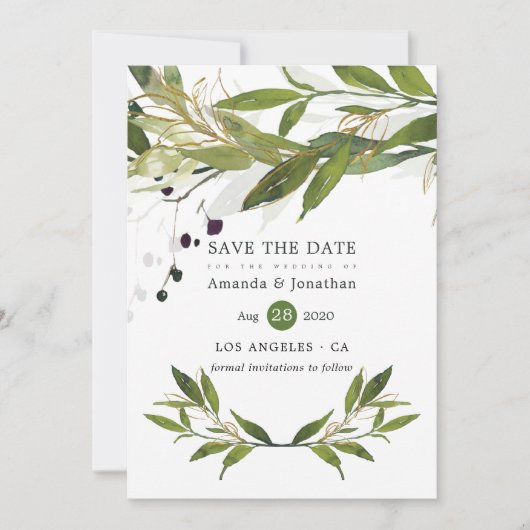 Waterverf Leafy Greenery Wedding Save The Date (Voorkant)