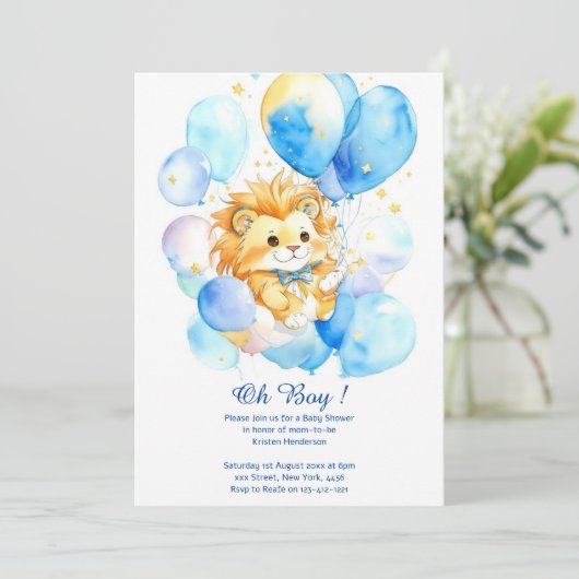 Waterverf Leeuw Baby shower Invitation Kaart (Staand voorkant)