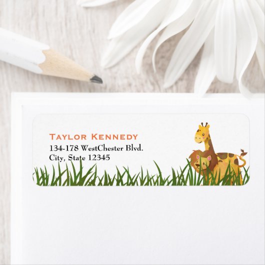 Waterverf Leeuw en Giraffe in het gras Etiket (Insitu)