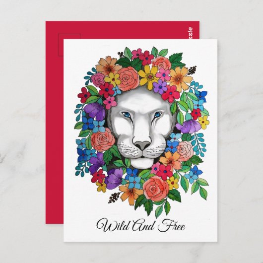 Waterverf leeuw en regenboogbloemen briefkaart (Voorkant / Achterkant)