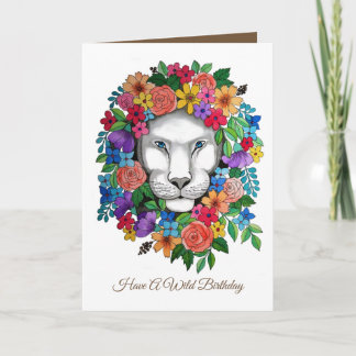 Waterverf leeuw en regenboogbloemen kaart