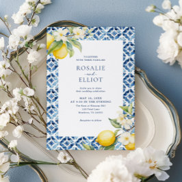 Waterverf Lemon Blue Tegel Italiaans Huwelijk Kaart