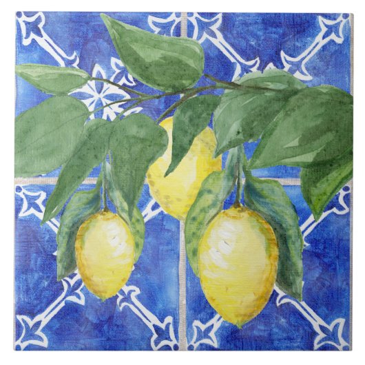 Waterverf Lemon Citrus Foliage Blue White Pattern Tegeltje (Voorkant)