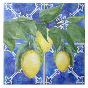 Waterverf Lemon Citrus Foliage Pattern Blue White Tegeltje