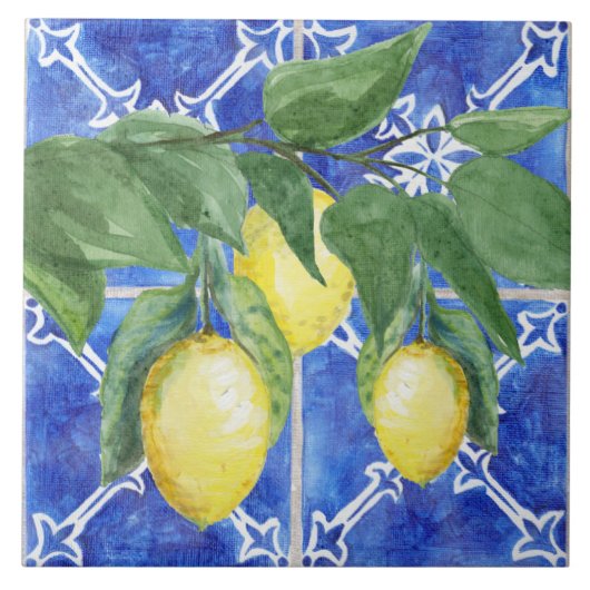Waterverf Lemon Citrus Foliage Pattern Blue White Tegeltje (Voorkant)