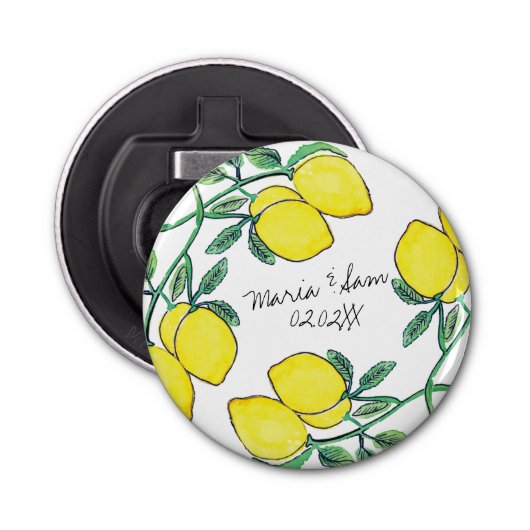 Waterverf Lemon Citrus Script Wedding Button Flesopener (Voorkant)