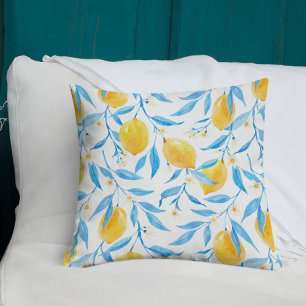 Waterverf Lemon en Blauwe Bladeren Kussen