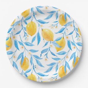 Waterverf Lemon en Blauwe Bladeren Papieren Bordje