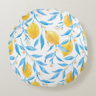 Waterverf Lemon en Blauwe Bladeren Rond Kussen