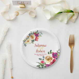 Waterverf lemon en magenta floral bruiloft papieren bordje