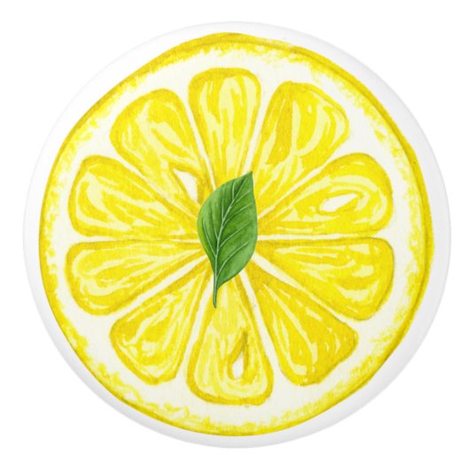 Waterverf Lemon Fruit Slice met Lemon Leaf Keramische Knop (Voorkant)