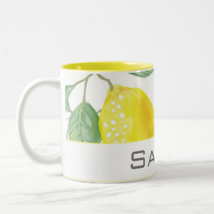 Waterverf Lemon laat wit geel monogram Tweekleurige Koffiemok