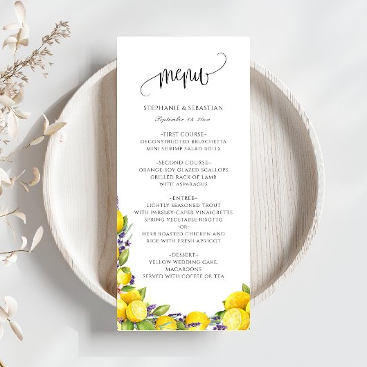 Waterverf Lemon Lavender Boho Wedding Menu