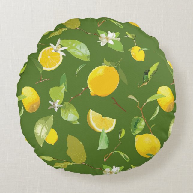 Waterverf Lemon & Leaves 5 Rond Kussen (Voorkant)