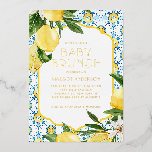 Waterverf Lemon Mediterranean Summer Baby Brunch Folie Uitnodiging (Voorkant)